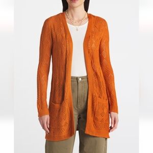 Market & Spruce Cecily Pointelle Open Duster Cardigan Burnt Orange XS
